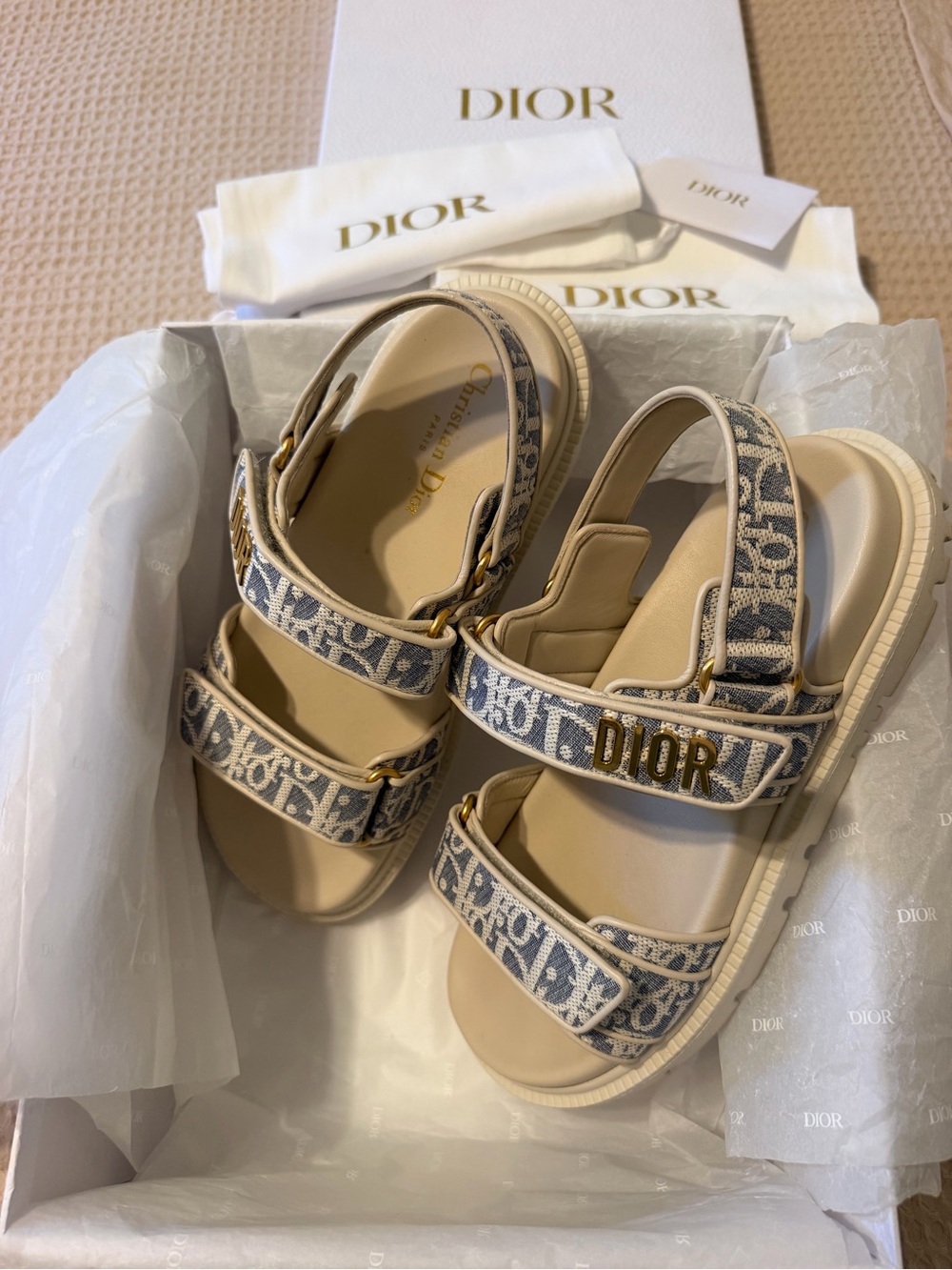 Dior Beige and Blue Oblique Logo Strap Sandals